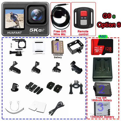 G9SE Action Camera 5K30fps 4K60fps 50MP 2.0 Touch LCD EIS DVR Webcam Dual Screen Wi-Fi 170D Waterproof 30M 5X Zoom Sports Camera