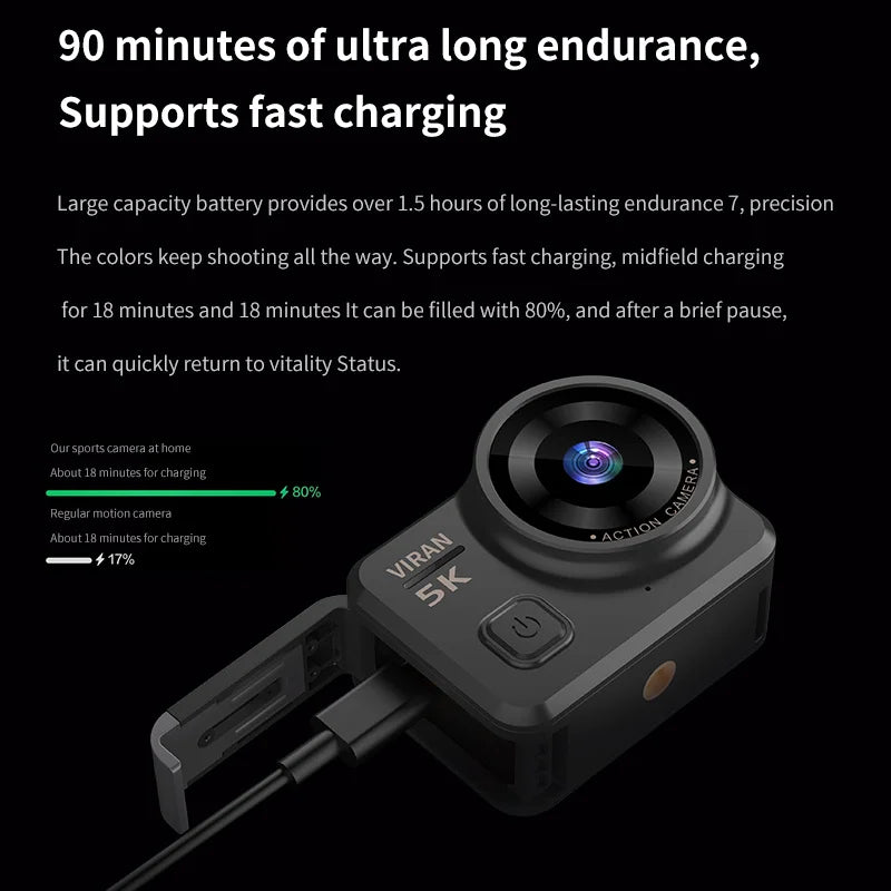 VIRAN V10 5K Action Camera Electronic Image Stabilization 2" Touch LCD 4K Waterproof Action Camera Dashcam Motion Detection
