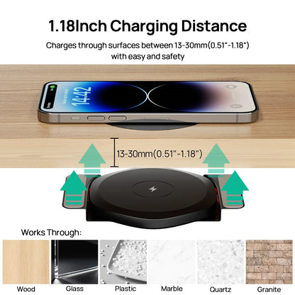 KPON Invisible Wireless Charger 30mm Under Table QI Charger Furniture Desk Wireless Charging Station for iPhone 16/15/14/13/12/8