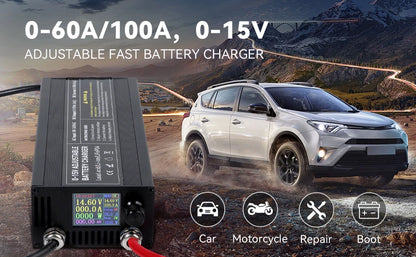 12V LiFePO4 Battery  60A 100A Anti reverse connectionAdjustable voltage and current Fast  Large Screen Display Charger
