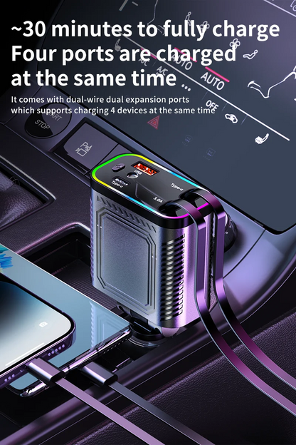 4 in 1 120W PD 33W Car Charger Retractable Car Cigarette Lighter Adapter Star Light Lighting Type C 70cm Charger Cable for Phone