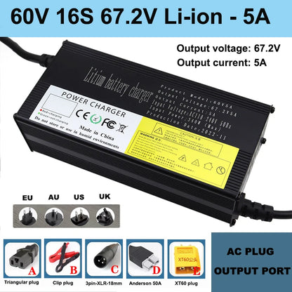 NEW 60V Lithium Battery Charger 67.2V 16S 5A 8A 10A 12A 15A 20A High-power Smart Band Display Rapid Charging Metal Shell