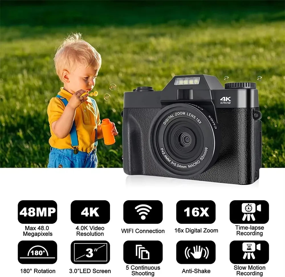 4K Compact Digital Photography Camera 16X 48MP Electronic Image Stabilization vlog Tiktok Ins Youtube Camcorder 3" Flip Screen - Universal Market