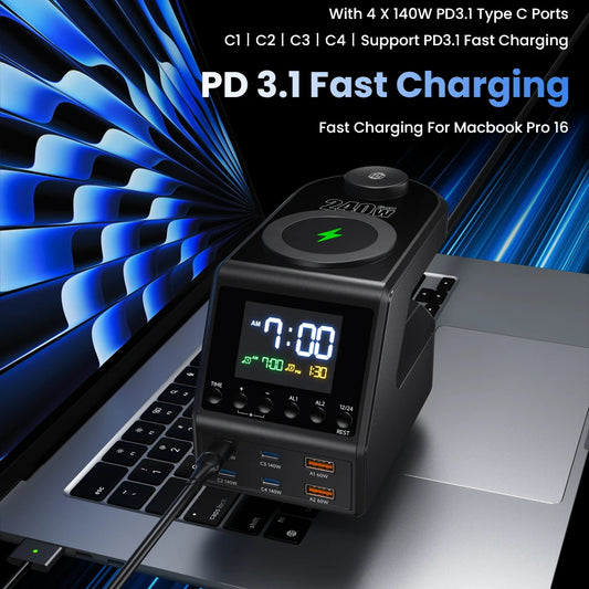 240W GaN Charger Station 4×140W PD3.1 USB Type C Wireless Fast Charger for MacBook iPad Samsung Alarm Clock Time Display