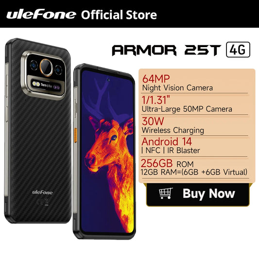 Ulefone Armor 25T 4G Rugged Phone Android 14 33W 50MP+64MP Night Camera NFC Waterproof Smartphone 6.78" 120Hz  256GB ROM  Global