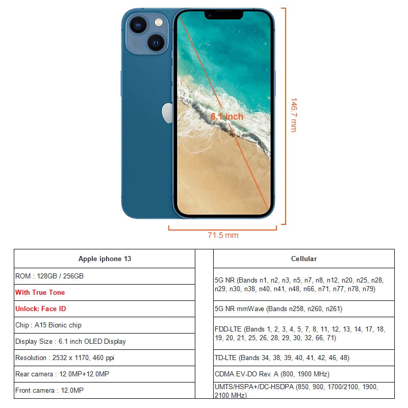 Apple iPhone 13 128GB/256GB ROM Unlocked 5G A15 Bionic Chip Face ID 6.1" 2532 x 1170 OLED Screen 12MP Camera - Universal Market