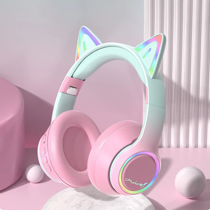 Gradient Wireless Headphones RGB Cat Ear Bluetooth Headphones With Microphone Stereo Music Game Earphone For Girls Kids Gifts - Universal Market
