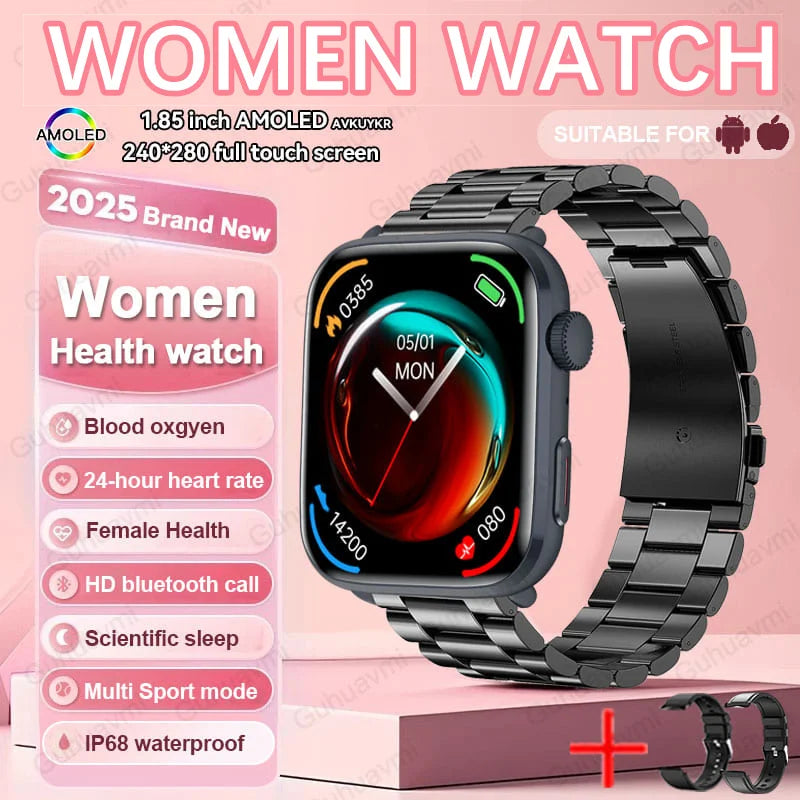 2025 AI Diagnosis NFC Smart Watch Women 1.85 inch AMOLED Blood pressure Heart Rate Temperature BT call Smartwatches Men For IOS