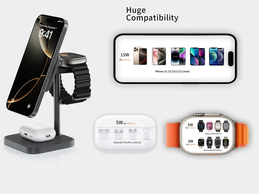 LULULOOK Qi2 3 in 1 Wireless Charging Station,Aluminum 15W Fast Mag-Safe Charger Stand for iPhone 17 16 15 14,5W for Apple Watch