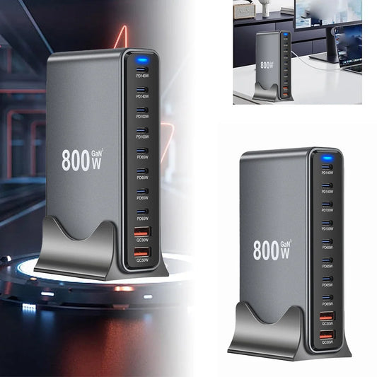 2025 New 800W GaN Fast Charging PD3.1 PPS 10 Ports USB C Type C Fast Charger Station Adapters for iPhone Samsung Xiaomi Huawei