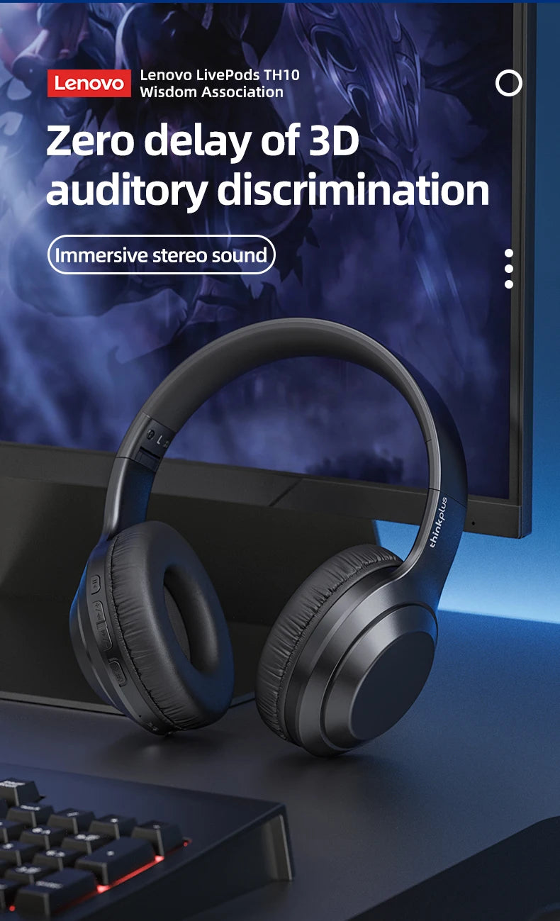 Lenovo TH10 Wireless Bluetooth Headset HIFI Stereo Earphones Foldable Over Ear Earbuds Sports Game Headphones with Microphone - Universal Market