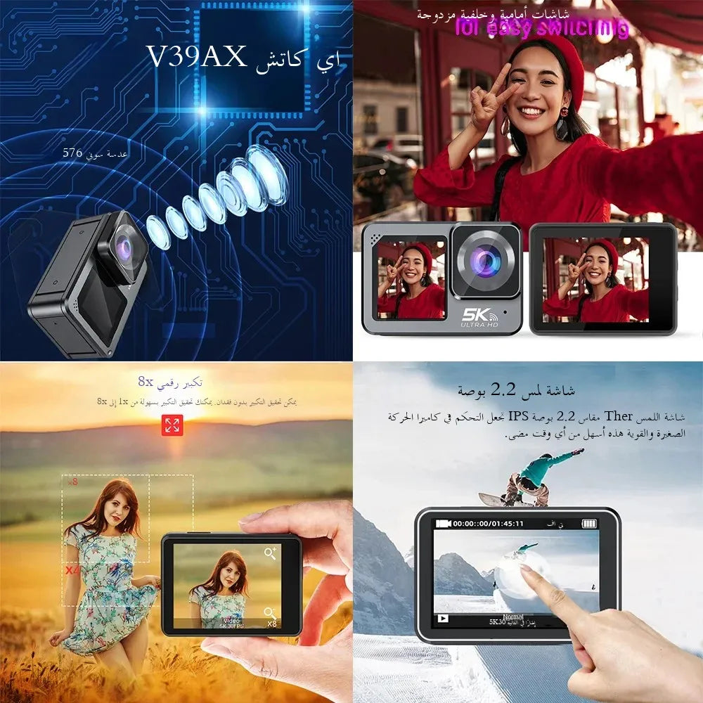 Action Camera F6W Wireless Mic 5K 4K60FPS 48MP 2.2" Touch LCD EIS Dual Screen Wi-Fi 170D Waterproof 30M 8X Zoom Sports Camera