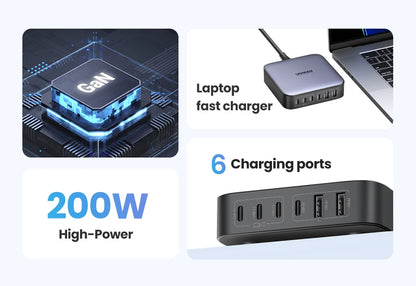 UGREEN 200W GaN Charger Desktop Laptop Fast Charger 6 in 1 Adapter For iPhone 17 16 Pro Xiaomi Samsung Tablets Macbook Charger
