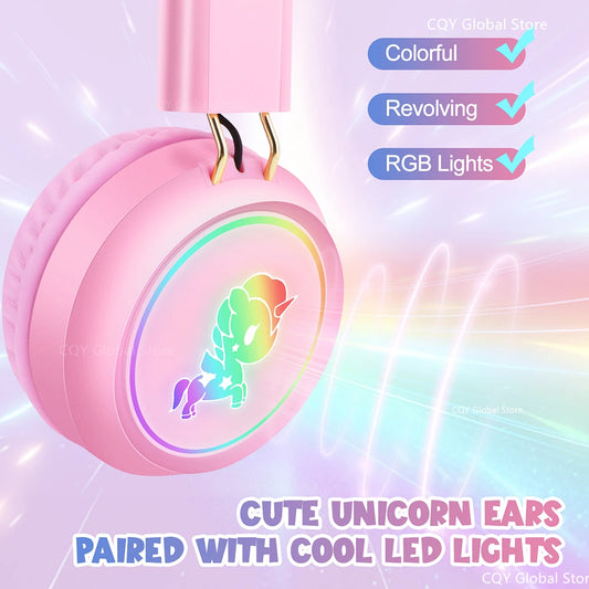 RGB Unicorn Kids Wireless Headphones With Mic Music Stereo Earphone Cute Unicorn Control RGB Light Headset Girls Kids Gift - Universal Market