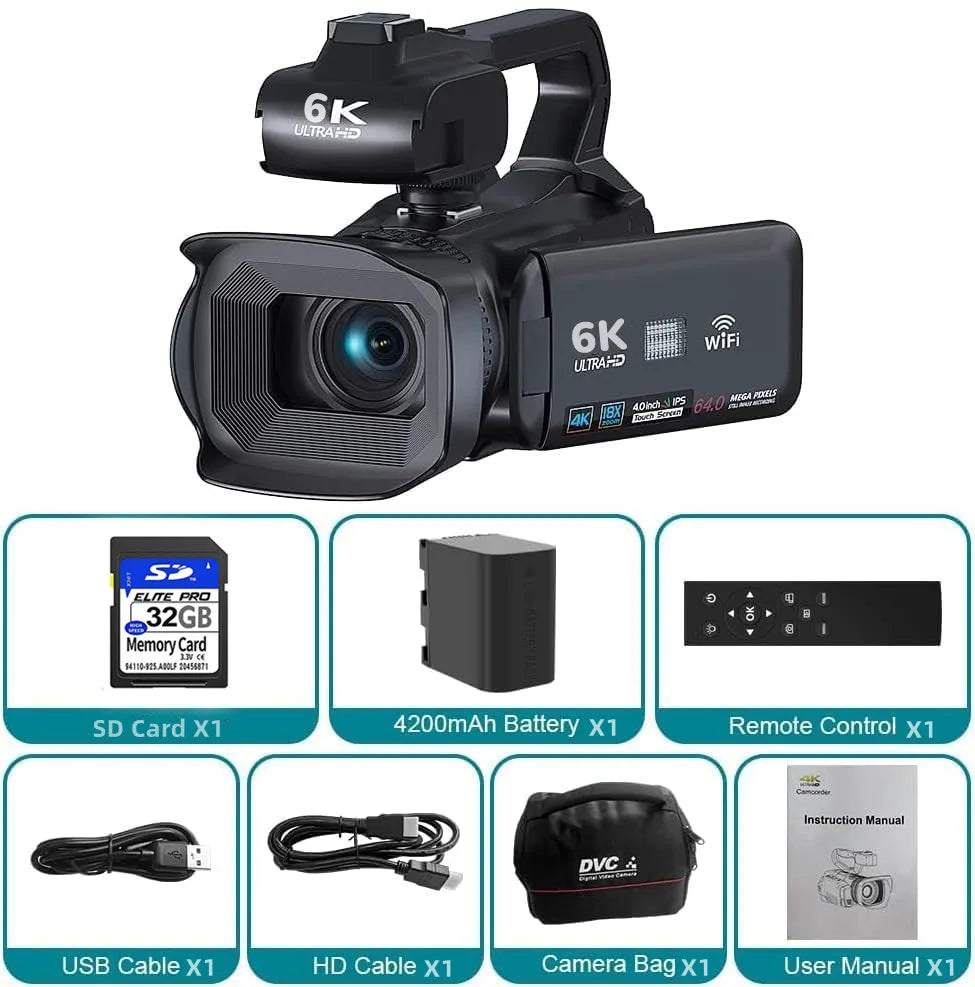 Full 6K Camcorder 64MP Youtuber Professional Digital Video Camera Streaming Auto Focus Photography Vlog Recorder 4" Touch Screen - Universal Market