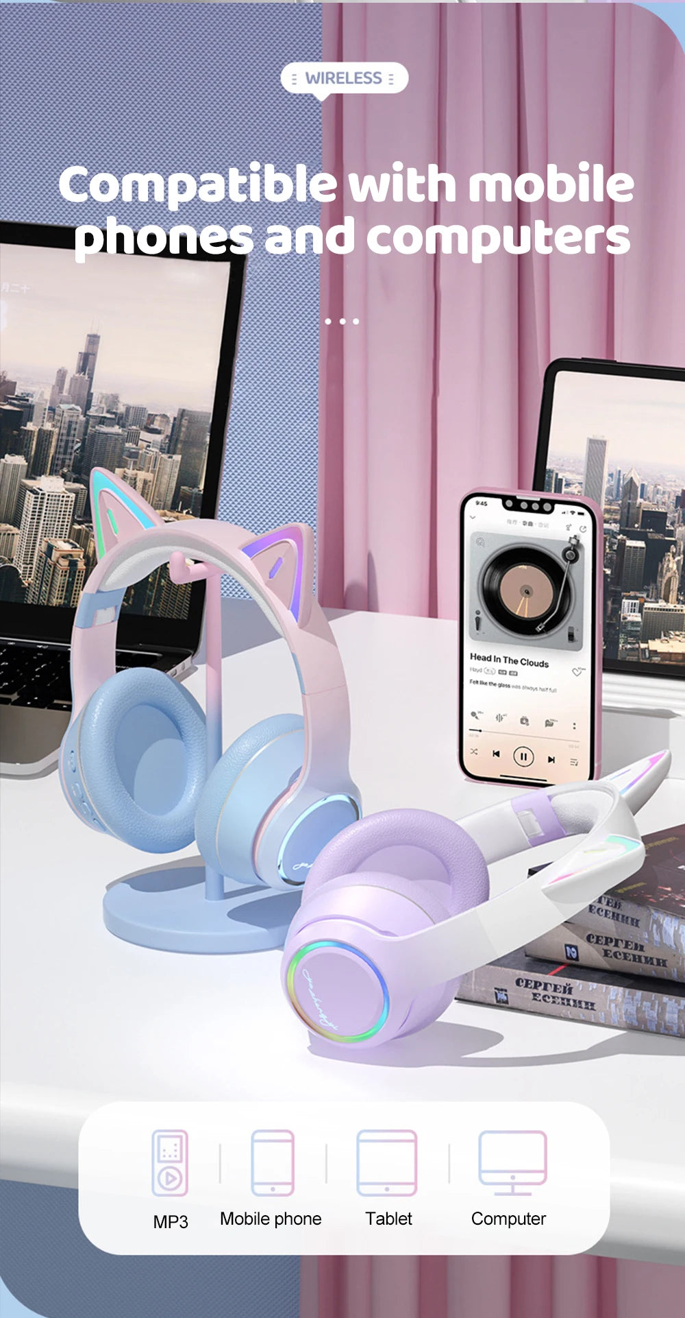 Gradient Wireless Headphones RGB Cat Ear Bluetooth Headphones With Microphone Stereo Music Game Earphone For Girls Kids Gifts - Universal Market