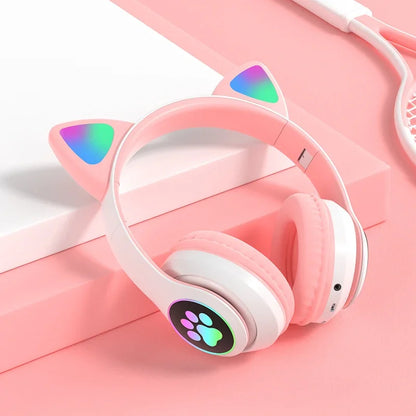 Flash Lamp Cute Cat Ears Headphone Bluetooth5.0 Stereo With Mic Support TF Card Wireless Kids Girl Earphone Birthday Gift - Universal Market