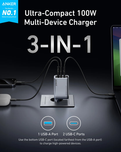 Anker Prime Charger, 100W USB C Charger, 3-Port GaN Foldable and Compact Anker Wall Charger, for MacBook, iPad, iPhone17