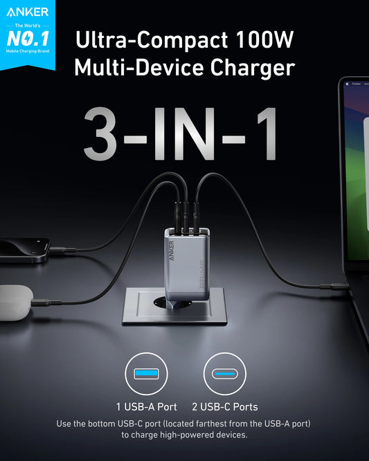 Anker Prime Charger, 100W USB C Charger, 3-Port GaN Foldable and Compact Anker Wall Charger, for MacBook, iPad, iPhone17