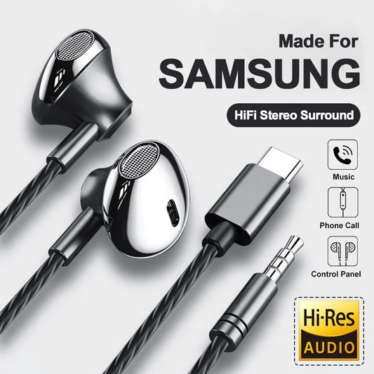USB Type C Headphone HiFi Bass Stereo Volume Control Mic 3.5mm Wired Earbuds For Galaxy S24 S23 S22 S21 Ultra iPhone 15 Pro Max - Universal Market
