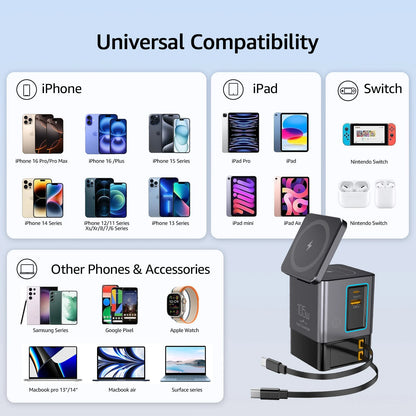 105W Dual Retractable Cable Multi-Port Desktop Charger 2-in-1 Wireless Charger C-Port Blind Plug 65W with LED Ambient Lights