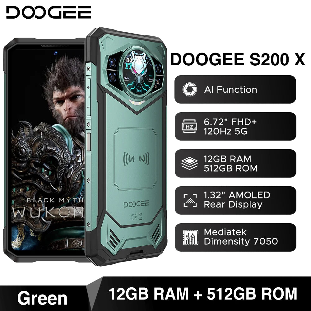 Global Version DOOGEE S200 5G Rugged Phone 12GB +256GB 6.72" Display 100MP AI Main Camera 10100mAh Mobilephone Android 14 NFC