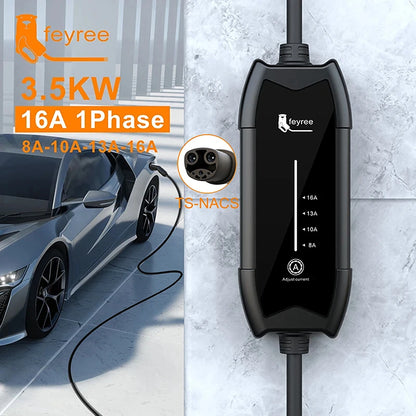 feyree Portable EV Charger 3.5KW 16A 1Phase Adjustable Current Fast Charging with TS-NACS Charger Plug Compatible for Tesla Cars