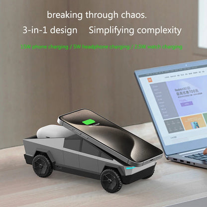 Wireless Charger Cybertruck 3-in-1 Charging Station for Apple-Desktop Stand for iPhone, Apple Watch & AirPods, Qi-Certified