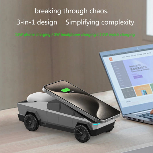 Wireless Charger Cybertruck 3-in-1 Charging Station for Apple-Desktop Stand for iPhone, Apple Watch & AirPods, Qi-Certified