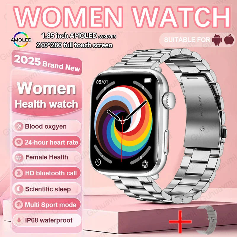 2025 AI Diagnosis NFC Smart Watch Women 1.85 inch AMOLED Blood pressure Heart Rate Temperature BT call Smartwatches Men For IOS