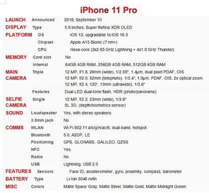 Apple iPhone 11 Pro / 11pro Max ProMax 64GB 256GB ROM 5.8'&6.5' Genuine OLED Face ID A13 4G 98% New Original Unlocked Cell Phone - Universal Market