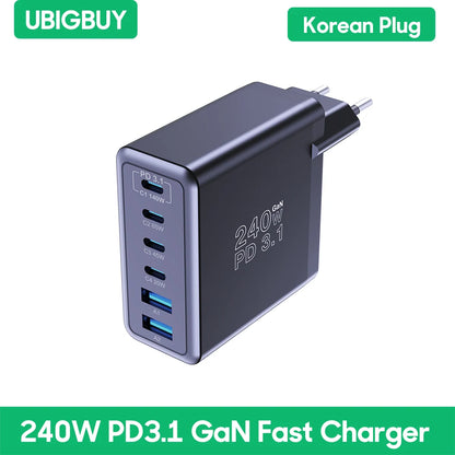 Ubigbuy 240W GaN Charger Fast Charging 140W PD3.1 PPS USB Type C Phone Quick Charger for MacBook Pro iPhone 16 Samsung Laptops