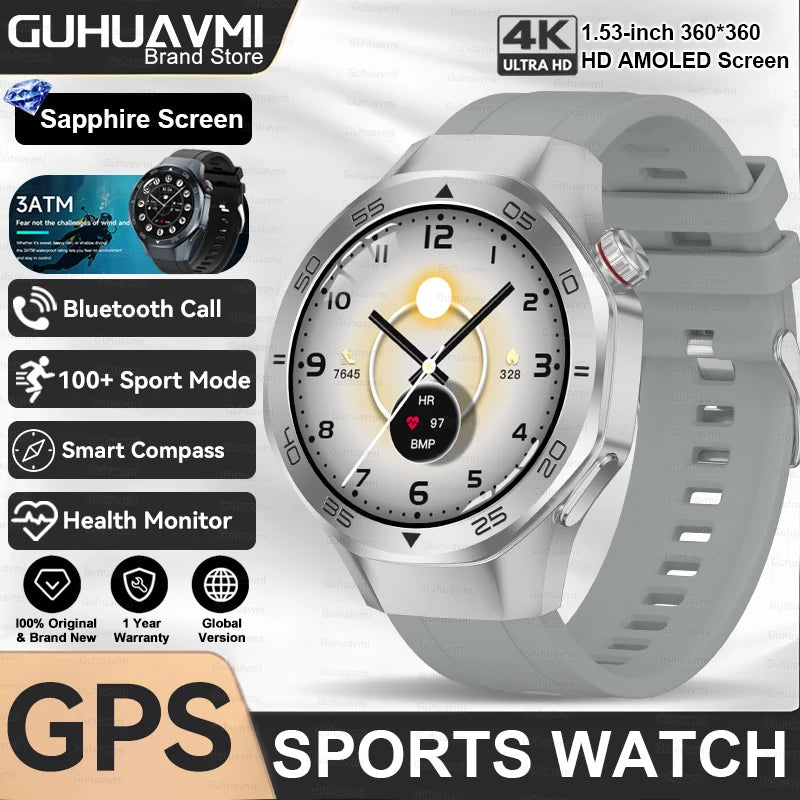 2025New Upgraded Outdoor Sport GPS Smart Watch Men 1.53" HD AMOLED Screen GPS track Heart Rate Bluetooth Call Compass SmartWatch
