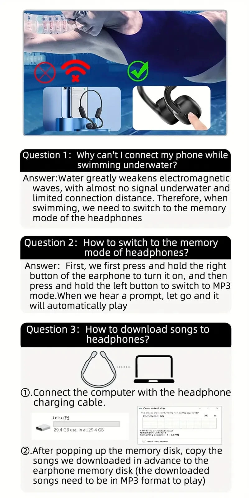 Xiaomi Bone Conduction Earphone IPX8 Wireless Open Headset Bluetooth 5.3 Swimming Bluetooth Headphones 32GB MP3 Sports Earbuds - Universal Market