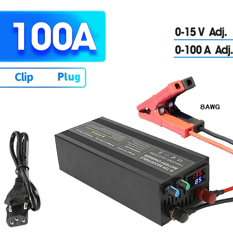 Lifepo4 Charger 12V 60A 100A Lithium Battery Charger 110V-240V Input 0-15V Adjustable Quick Fast Adapter for Lifepo4 Battery