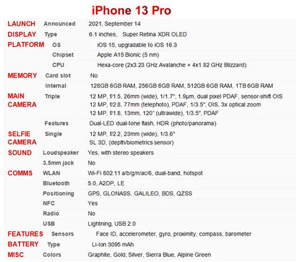 98% New Original Apple iPhone 13 Pro Max 6.7"/ iPhone 13 Pro  6.1" 12PM 128G/256G/512G/1TB ROM OLED Face ID Add 20W AC charger - Universal Market