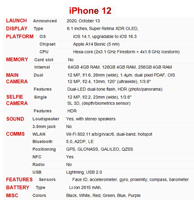 Original Apple iPhone 12 6.1" XDR OLED Unlocked RAM 4GB ROM 64/128/256GB A14 IOS Face ID NFC Original 5G iPhone12 - Universal Market