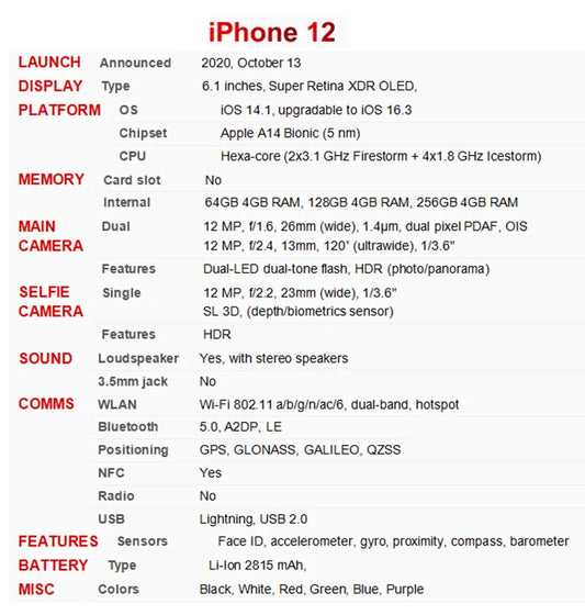 Original Apple iPhone 12 6.1" XDR OLED Unlocked RAM 4GB ROM 64/128/256GB A14 IOS Face ID NFC Original 5G iPhone12 - Universal Market