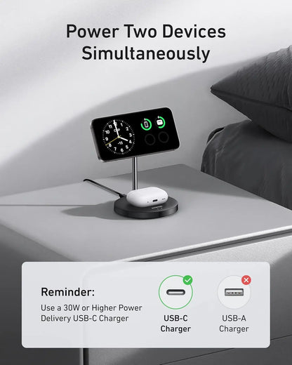 Anker MagSafe Charger Stand Compatible, MagGo 2-in-1 Charging Station, 【Upgraded】 Qi2 Certified 15W Wireless Charger Stand, for