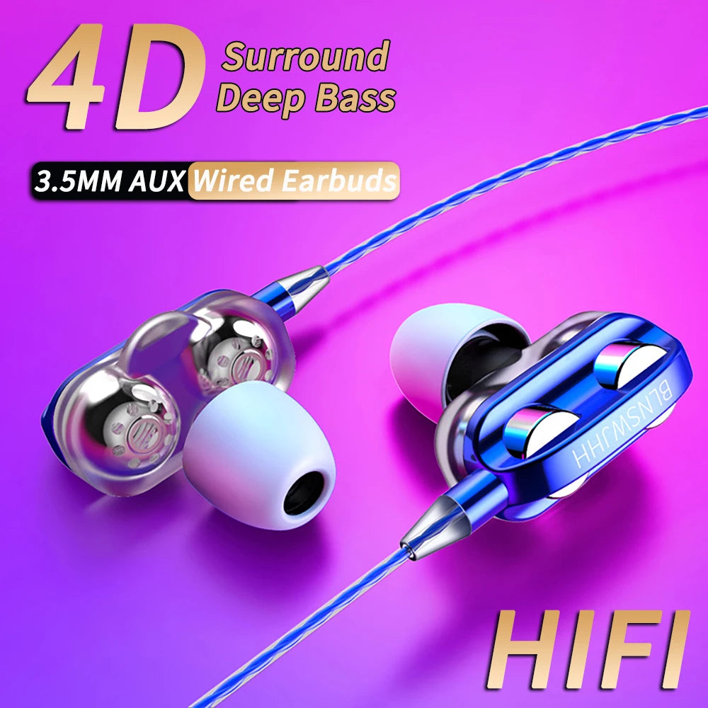 3.5mm Wired Headphones Noise Canceling In-Ear Sports Earphone Dual Driver Bass Stereo Gaming Headset HiFi Music Earbuds With Mic - Universal Market
