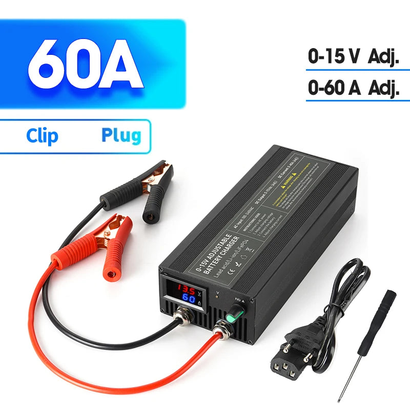 Lifepo4 Charger 12V 60A 100A Lithium Battery Charger 110V-240V Input 0-15V Adjustable Quick Fast Adapter for Lifepo4 Battery
