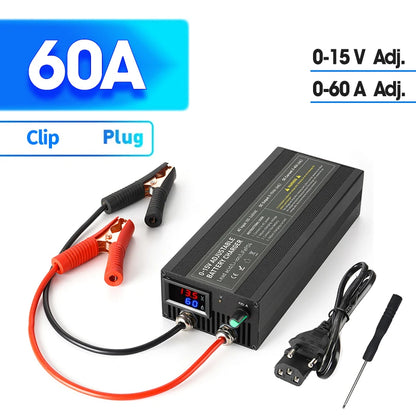 Lifepo4 Charger 12V 60A 100A Lithium Battery Charger 110V-240V Input 0-15V Adjustable Quick Fast Adapter for Lifepo4 Battery