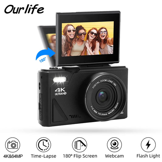 Ourlife Digital Photography Camera 4K 64MP 18X Digital Zoom Compact Camera 180° Flip Screen Vintage Video Recorder for Beginners - Universal Market