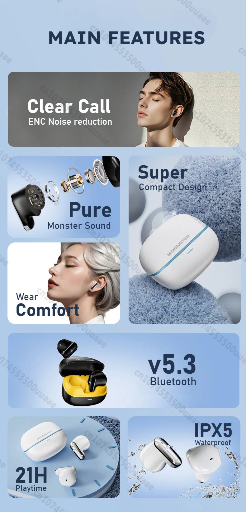 Monster AURA FIT GT19 Mini Invisible Earbuds Half in-Ear Bluetooth Headphone IPX5 Waterproof Wireless Sports Earphones with Mic - Universal Market