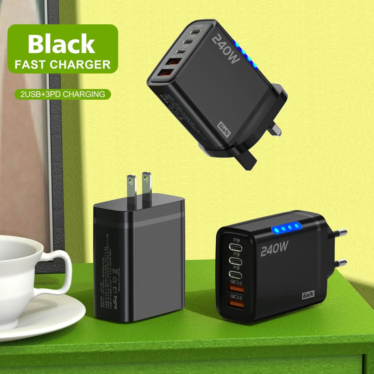 Xiaomi 240W QC3.0 PD 5 Ports GaN Fast Charger EU/US Plug Phone Charging Head Adapter with LED Light for iPhone Samsung Xiaomi