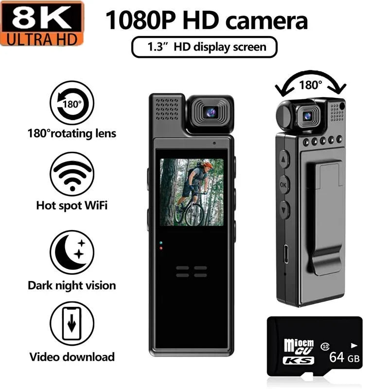 VIVO 8K HD Mini Action Camera Wifi Back Clip 180° Rotatable IR Night Vision Sports Cam Travel Bicycle Driver Video Recorder