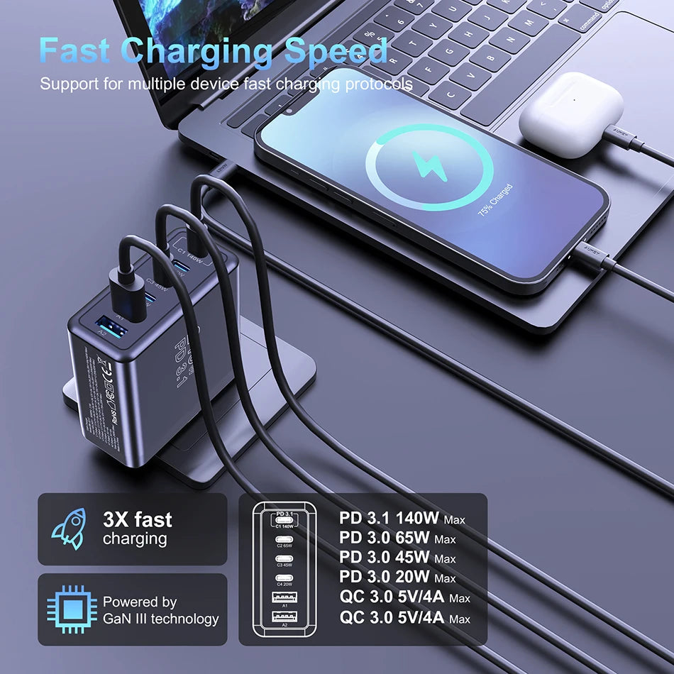 Ubigbuy 240W GaN Charger Fast Charging 140W PD3.1 PPS USB Type C Phone Quick Charger for MacBook Pro iPhone 16 Samsung Laptops