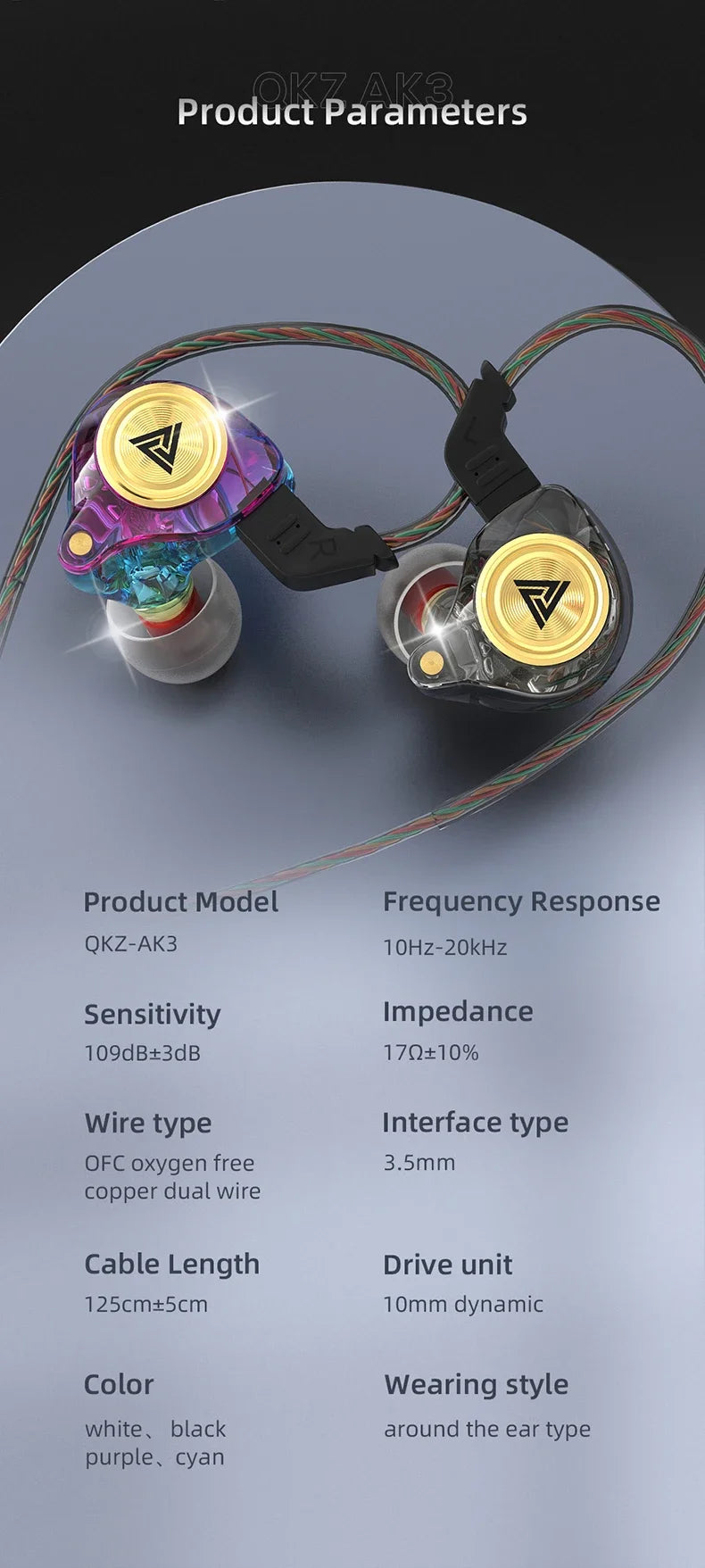 QKZ AK3 FiLe Wired Earphone with Microphone HiFi Music Monitor Bass Headphones Noise Cancelling Headset For Sport Gaming Earbuds - Universal Market