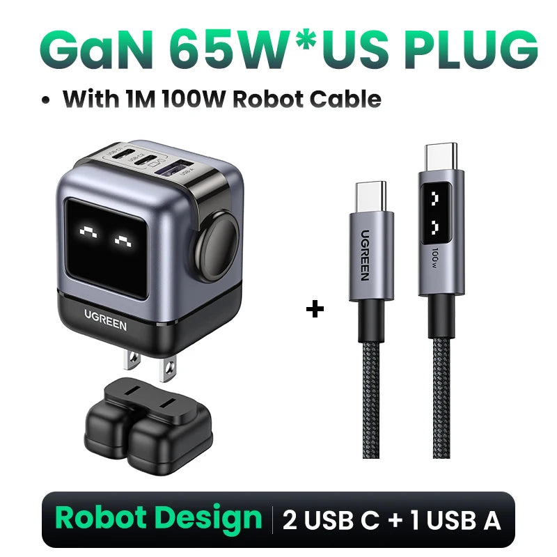 UGREEN 65W GaN Charger Uno Robot Design Quick Charge 4.0 3.0 PPS PD Fast Charger for iPhone 17 16 15 Pro Macbook  Laptop Tablet