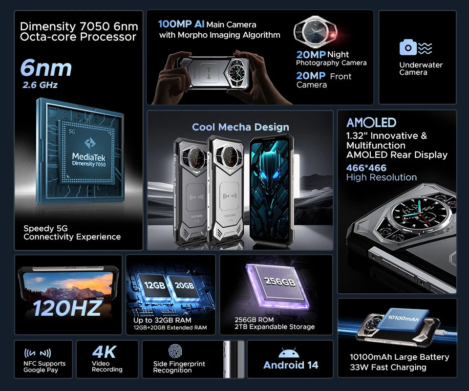 Global Version DOOGEE S200 5G Rugged Phone 12GB +256GB 6.72" Display 100MP AI Main Camera 10100mAh Mobilephone Android 14 NFC